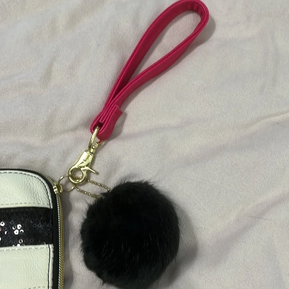 Betsy Johnson black and white striped sequined purse pink strap NWOT